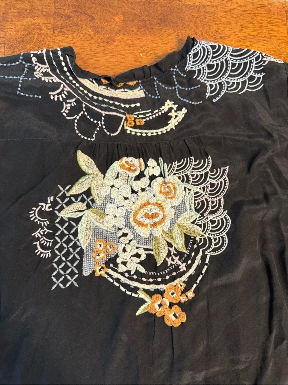 Johnny Was 2X Bassett Embroidered Silk Blouse Black Boho Peasant Top